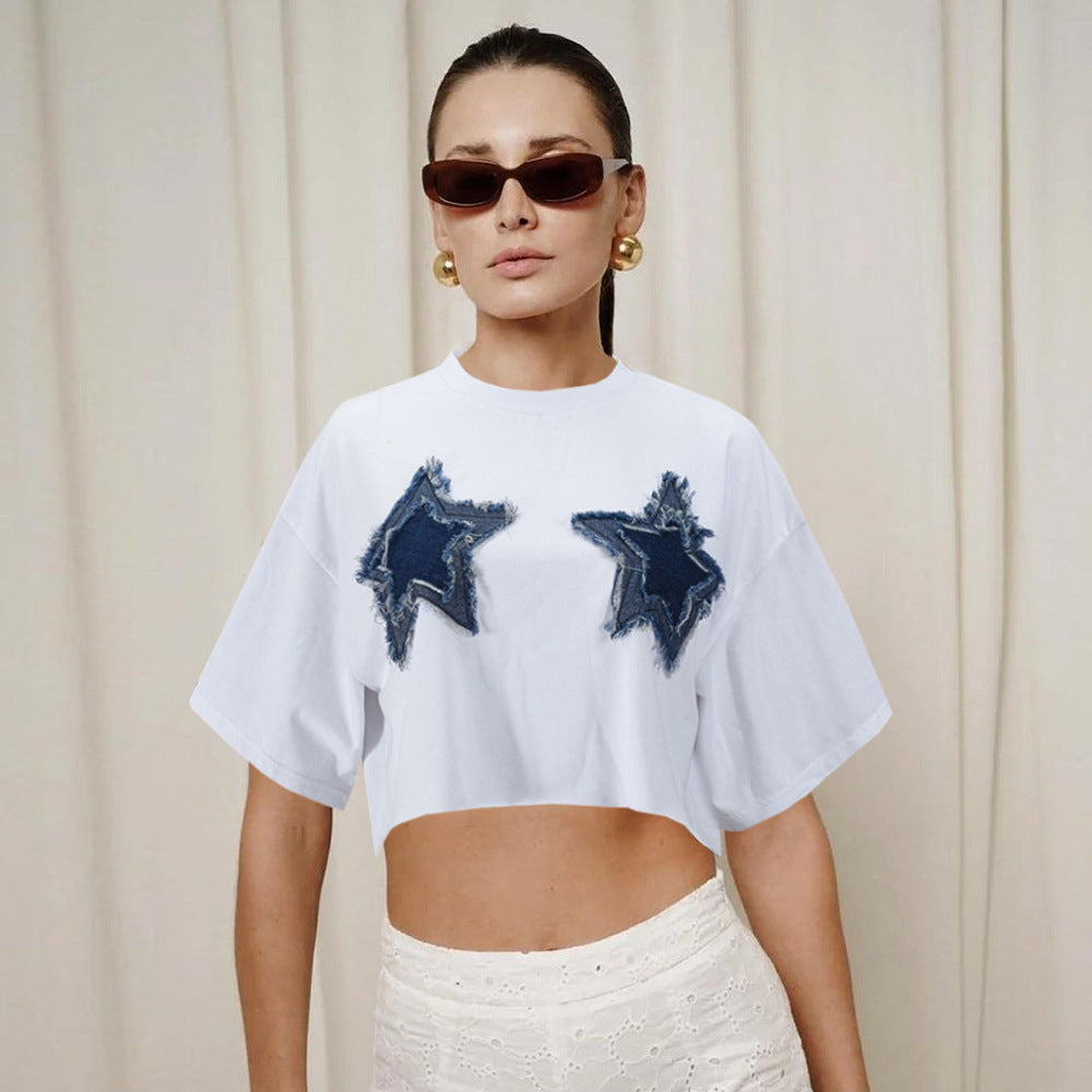 Women Clothing Sexy Loose Exposed Cropped Denim Patch round Neck Short Sleeve T shirt Top