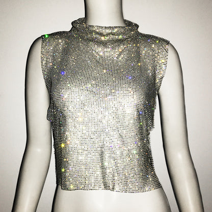 Ropa de mujer Chaleco con diamantes completos Cuello alto de lujo Top con diamantes de imitación Chaleco sexy para discoteca sexy