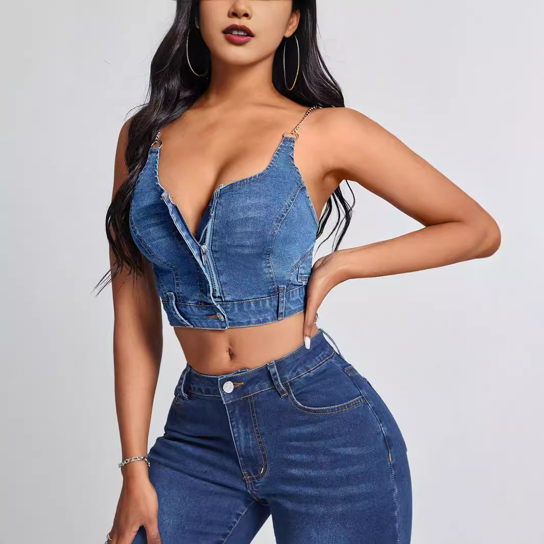 Damen Kleidung Deep V Plunge Neck Backless Denim Camisole