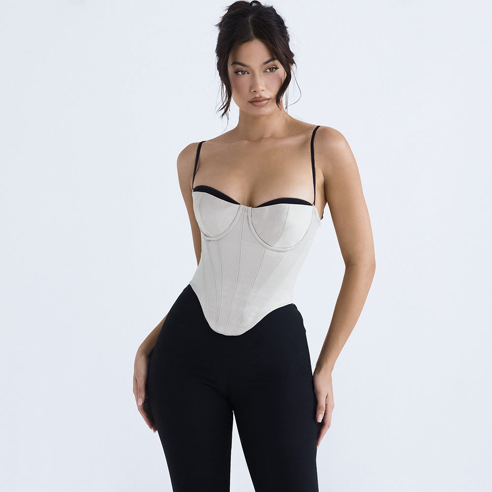 Damen Kleidung Sexy Camisole Unregelmäßige Asymmetrische Bare Cropped Slim Fit Rückenfreies Korsett-Top mit Knochenbesatz Frauen Sommer