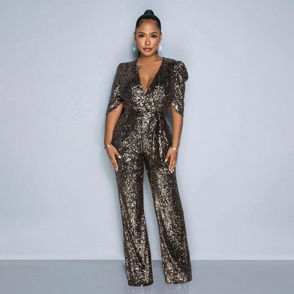 Sexy V-Ausschnitt Halbarm Slim Fit Pailletten Party Jumpsuit Damen