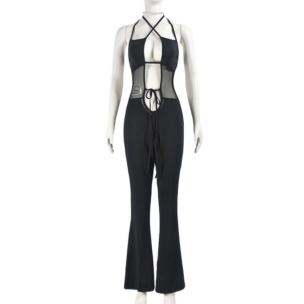 Summer Sleeveless Lace up Backless Slightly Flared Sexy Wide Leg Jumpsuit for Women