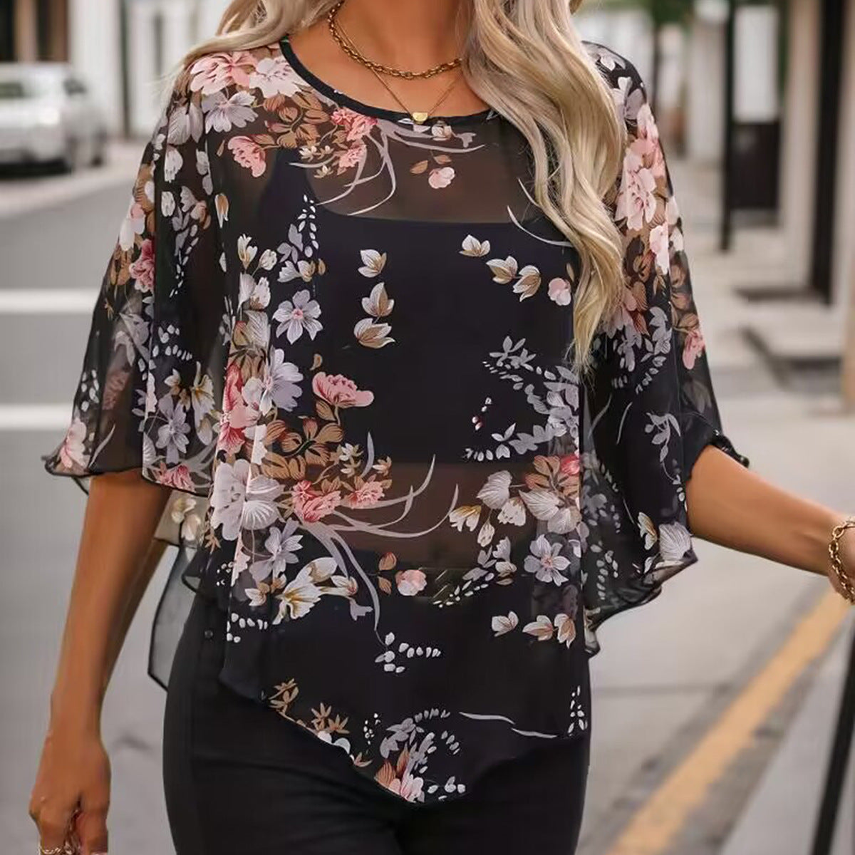 Women Clothing Chiffon Sexy See through Smock Top Chiffon Shirt