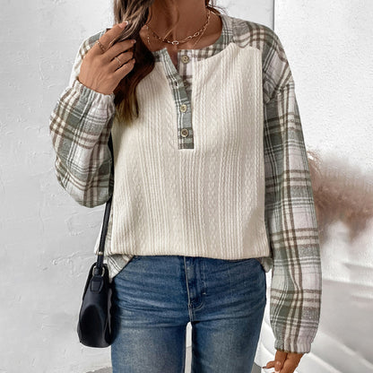 Women Clothing Autumn Winter Plaid Stitching Long Sleeve T shirt round Neck Pullover T shirt Top for Women