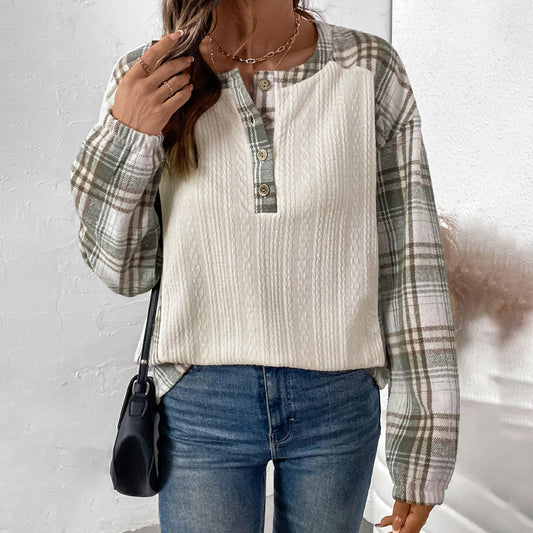 Damenbekleidung Herbst Winter Plaid Stitching Langarm T-Shirt Rundhals Pullover T-Shirt Top für Damen