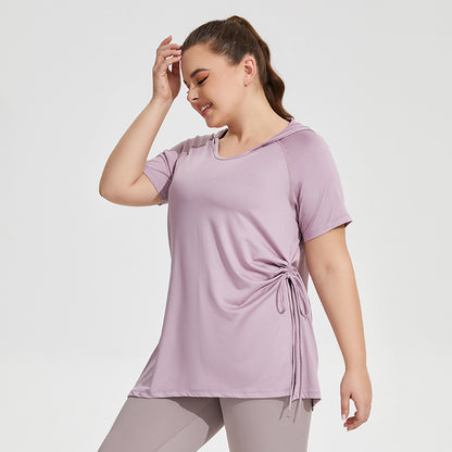 Ropa de Fitness ajustada de talla grande para mujer, Camiseta deportiva de manga corta con capucha, chaqueta de Yoga larga hasta el muslo de secado rápido