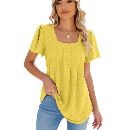 Spring Summer Solid Color Square Collar Pleated Short Sleeves Loose Fitting T shirt Top Women