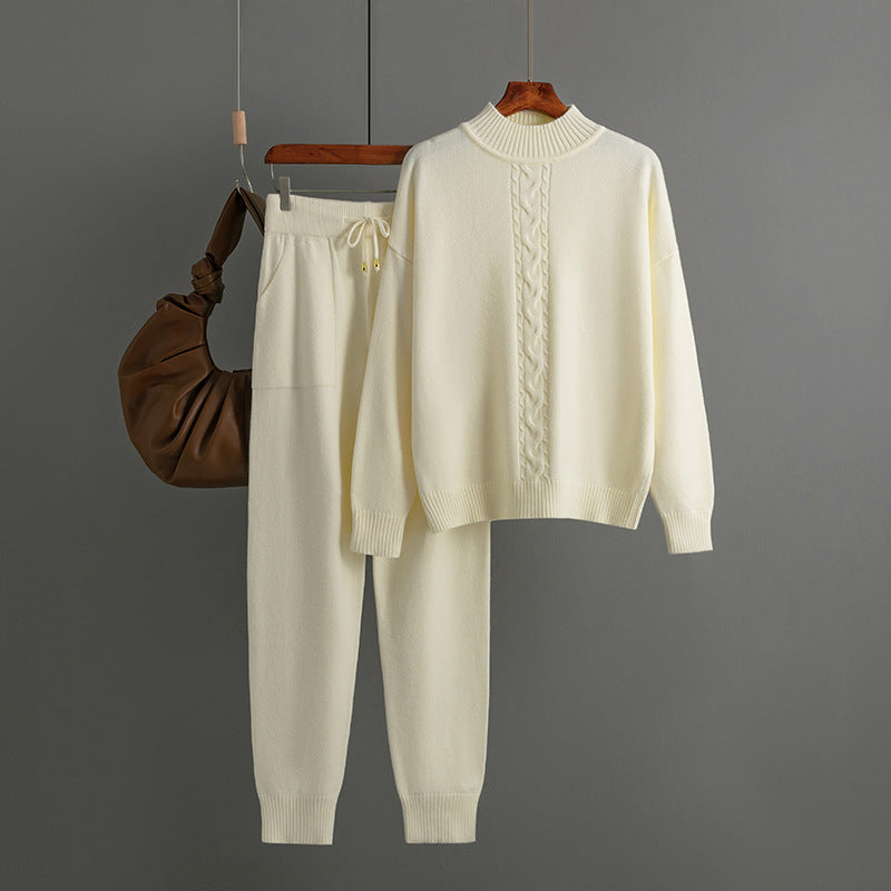 Damenbekleidung Herbst Winter Halbrollkragen Twist Strickanzug Lässiger Pullover Pullover Zweiteiliges Set