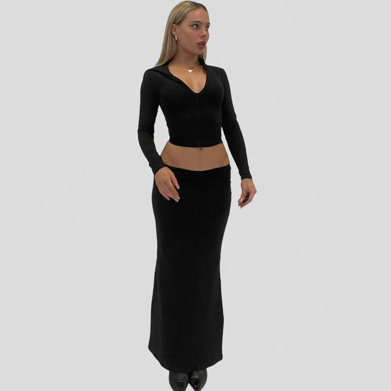 Frühling Sommer Casual Damen Kleidung Einfarbig Schlank Split Low Waist Rock Reißverschluss Kapuzenoberteil Zweiteiliges Set