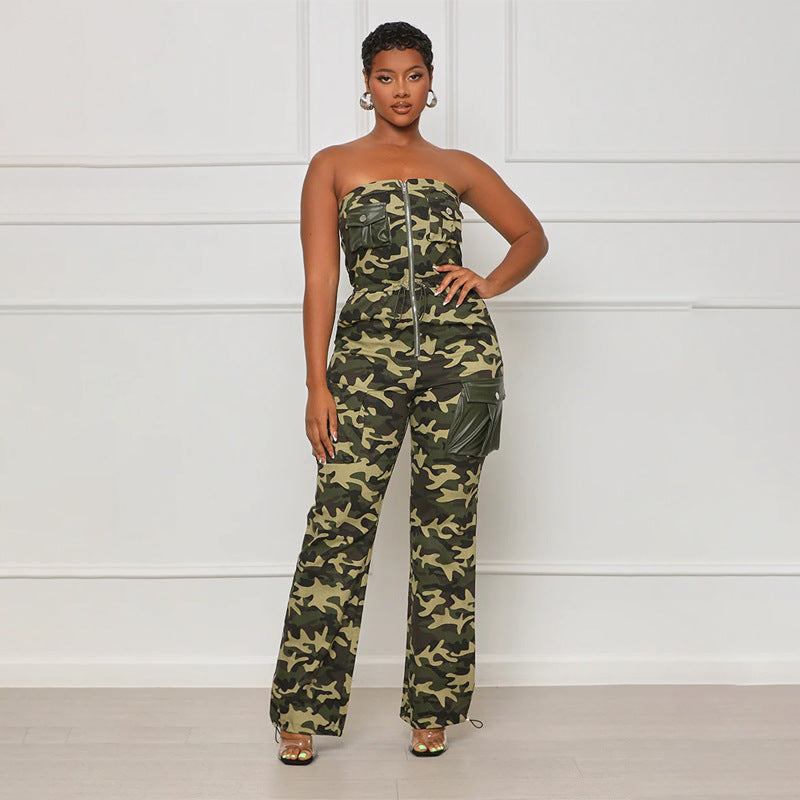 Women Sexy Nightclub Off Shoulder Tube Top Elastic Waist Zipper Camouflage Jumpsuit