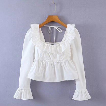 Summer Wind Women Solid Color Long Sleeve Ruffled Shirt