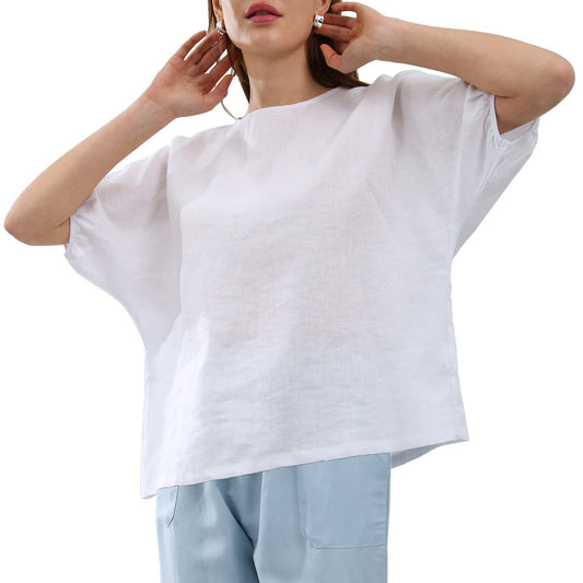 Summer Linen T shirt Women Special Interest Artistic Lantern Sleeve round Neck Cotton Linen Top