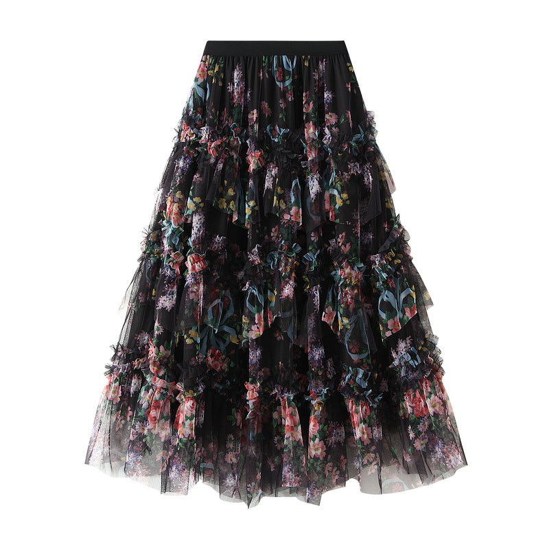 Irregular Asymmetric Stitching Color Floral Mesh Skirt Women Spring French Royal Elegant A line Skirt