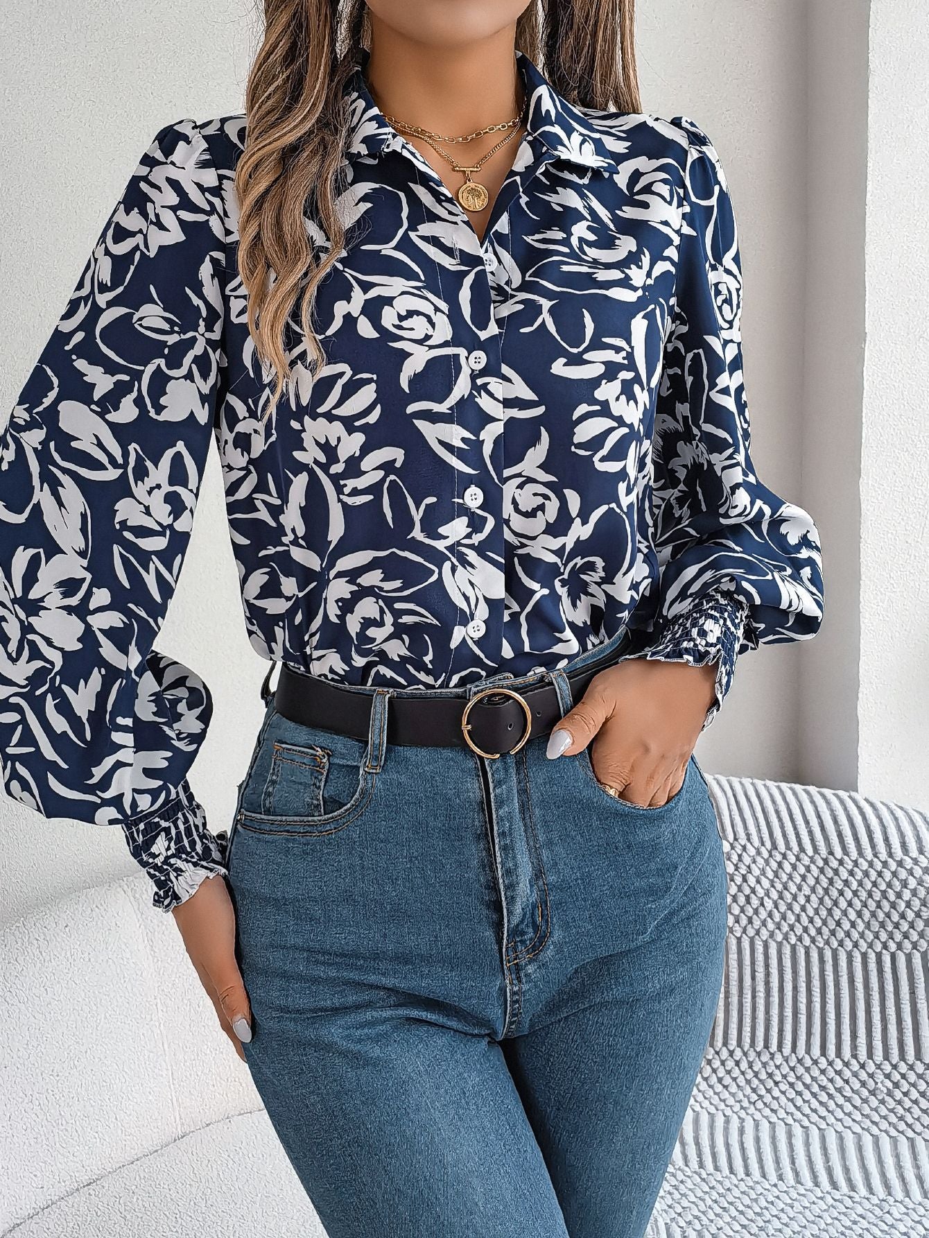 Real Shot Otoño Invierno elegante contraste Color Floral linterna manga camisa con cuello ropa de mujer