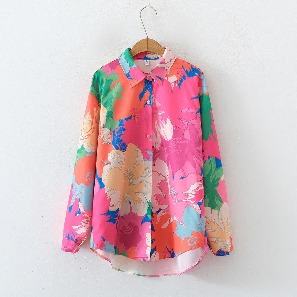 Women Print Loose Collared Long Sleeves Shirt