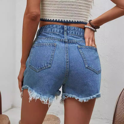 Women Clothing Casual High Waist Raw Hem Ripped Denim Shorts