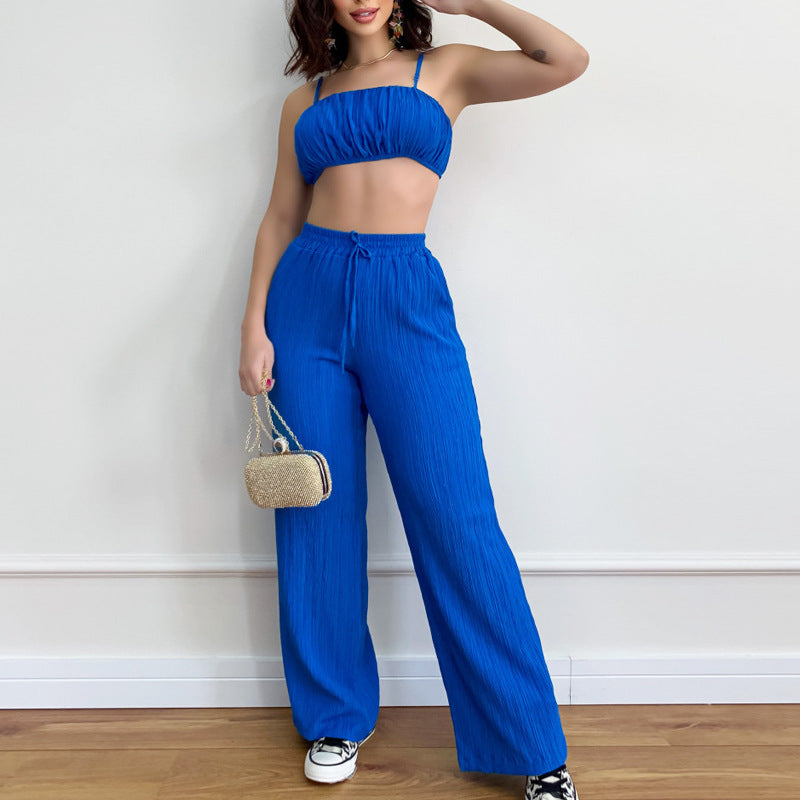 Summer Women Solid Color Sleeveless Cropped Outfit Sexy Trousers Women Two Piece Set