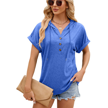 Spring Summer Solid Color Hooded Button Loose Short Sleeve T shirt Top Women