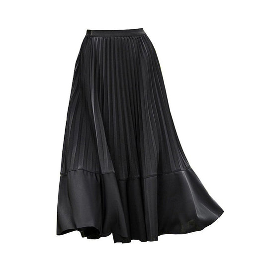 Simple Elegant Pleated Skirt for Women Spring Summer Elegant Stitching A line Slimming Large Swing Mid Length Skirt