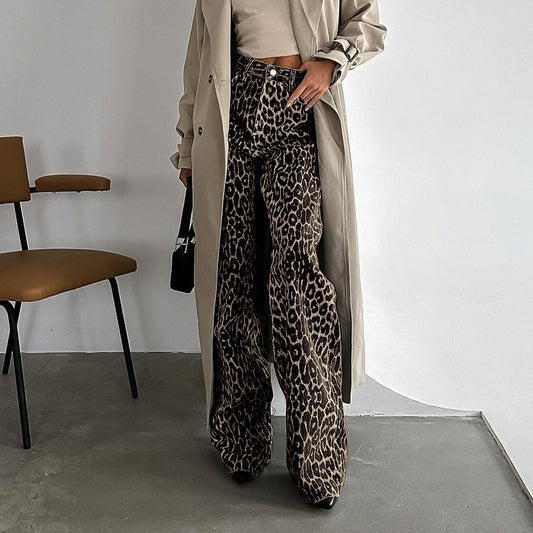 Verano Retro Street pantalones sueltos de cintura baja con estampado de leopardo pantalones de pierna ancha de algodón pantalones casuales para mujer