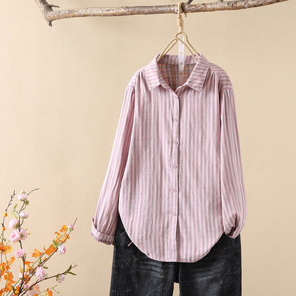 Camisa de manga larga a rayas coreanas, camisa de hilo de algodón de doble capa, blusa informal adelgazante de aspecto juvenil para mujer para primavera y otoño