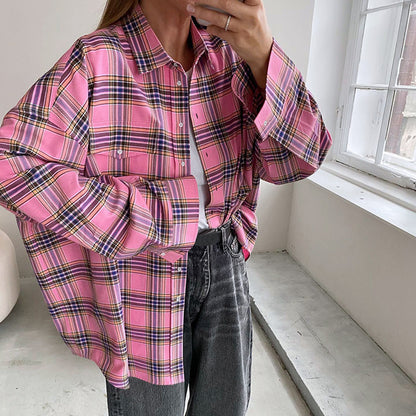 Retro Classic Plaid Shirt Pink Plaid Top Collared Loose Shirt