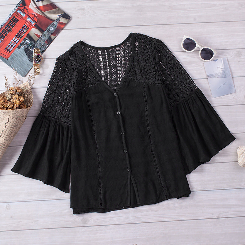 Solid Color Loose Hollow Out Cutout Lace Shirt Chiffon Shirt Women Summer V neck Sexy Top Bell Sleeve