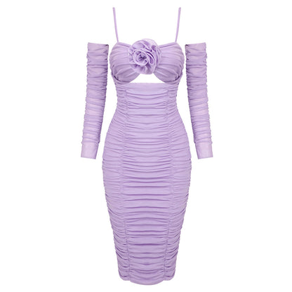 Vestido morado de manga larga de verano Vestido ajustado de tul floral con manga de un cuello para mujer