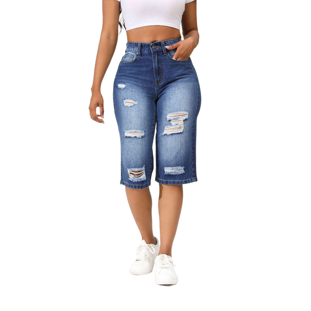 Summer Ripped Jeans for Women Cropped Straight Leg Loose Beggar Pirate Shorts Tide