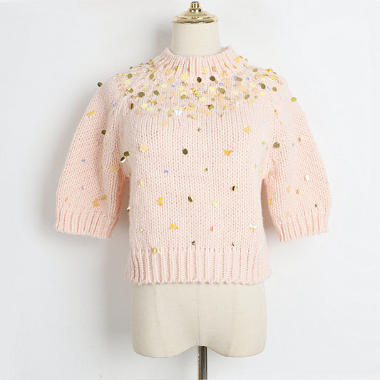 Pink Women Sequ Early Spring Special Interest Design Tide Brand Heavy Industry Sequin Pullover Sweater