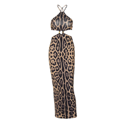 Damen tragen Herbst Sexy Leopard Print Bandeau Sling Kleid