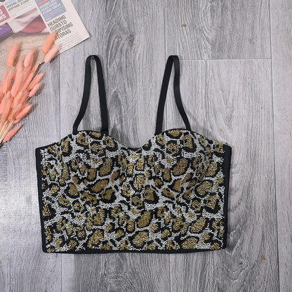 Corsé sin espalda con cuentas de aspecto delgado personalizado para mujer, ropa de abrigo corta con estampado de leopardo, Top de tubo tipo camisola