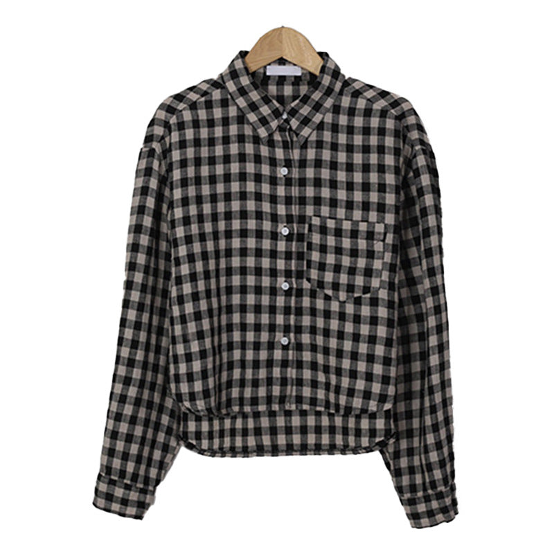 Camisa Retro de lino y algodón con bolsillo a cuadros para principios de otoño, cárdigan informal corto de manga larga con cuello de viento perezoso que combina con todo