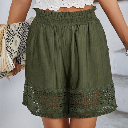 Lace Stitching Wide Leg Pants Summer Hollow-out Short Casual Crochet Women