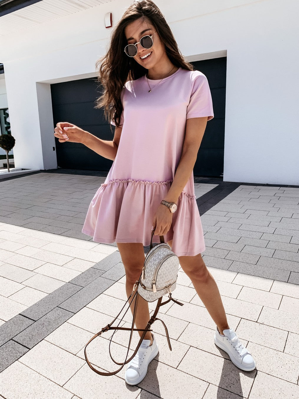 Summer Solid Color Short Sleeve Loose Round Neck Ruffled Dress Women Clothing