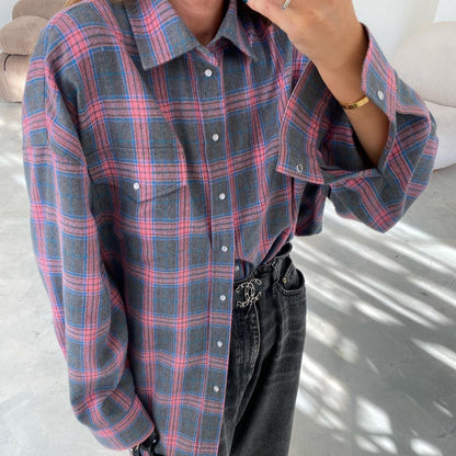 Retro All Matching Collared Loose Shirt Autumn Plaid Long Sleeve Pocket Women Shirt