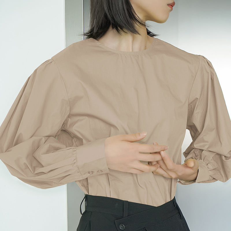Frühling Herbst Rundhals Shirt Frauen Korean Puff Sleeve Zurück geknöpft reine Baumwolle Shirt