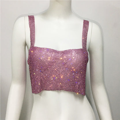 Ropa de mujer Metal diamante Sexy tirantes fiesta club nocturno dulce picante Fengshui diamante Top