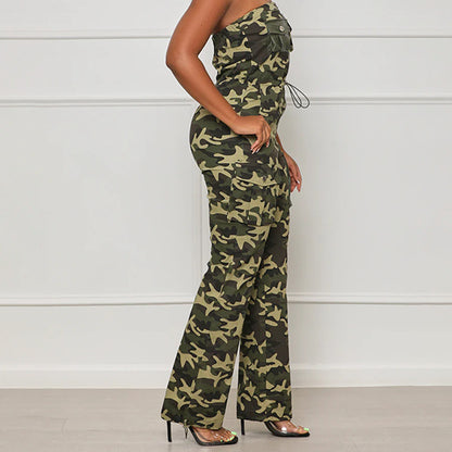 Women Sexy Nightclub Off Shoulder Tube Top Elastic Waist Zipper Camouflage Jumpsuit