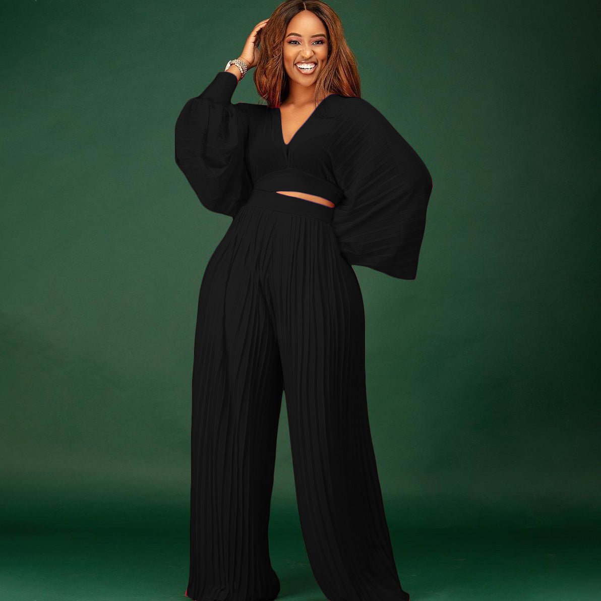 Long Sleeved V neck Top Wide Leg Pants Suit Pleated Wide Leg Pants Two Piece Suit