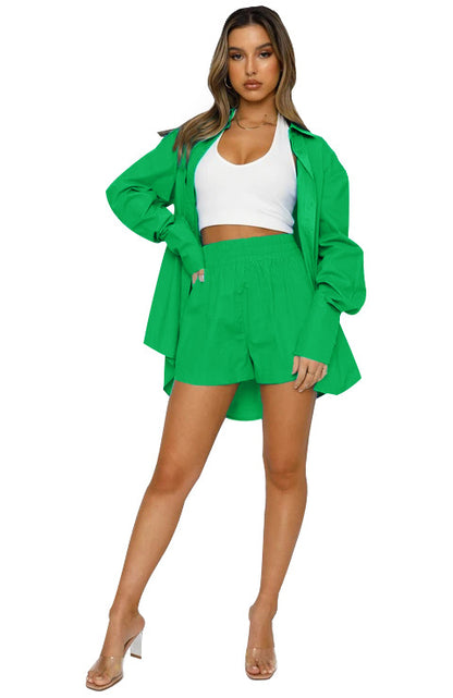 Damenbekleidung Sommer Einfarbig Lässig Locker Kragen Langarm Hemd Hohe Taille Shorts Zweiteiliges Set