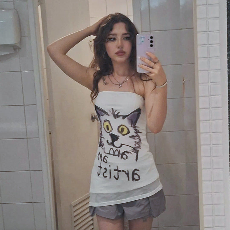 Sexy Kitten Letter Graphic Printed Beveled Special Interest Design Mesh Tube Top Top Summer