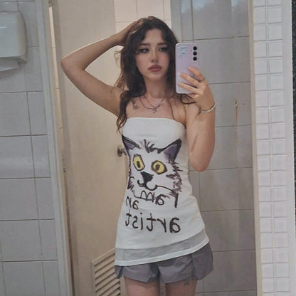 Top de tubo de malla con diseño de interés especial con estampado gráfico de letras de gatito sexy y biselado para verano