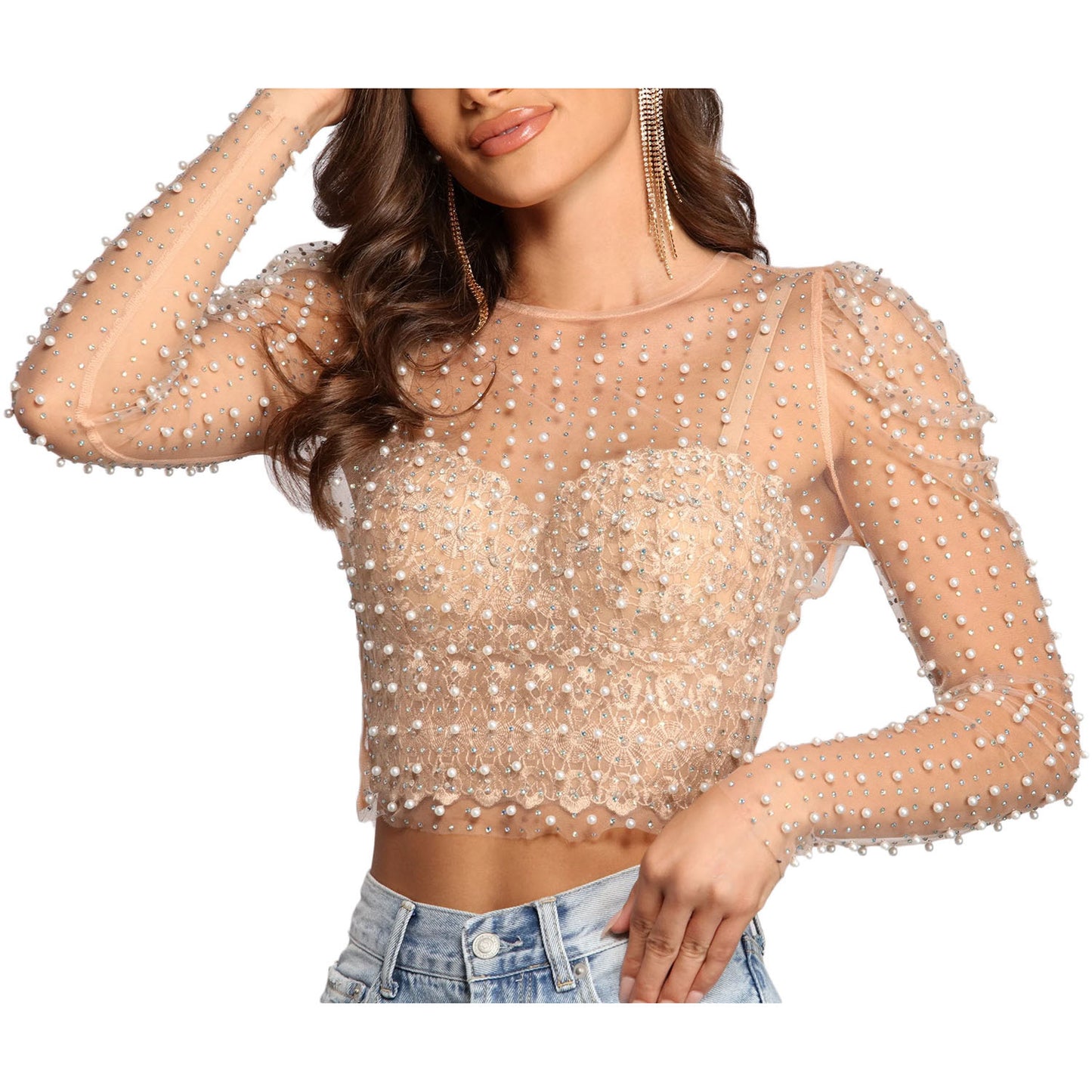 Ropa de verano para mujer, top de malla con mangas abullonadas y perforaciones