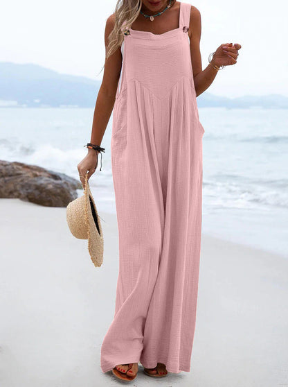 Damenbekleidung Sommer-Overall Ethno Einfarbiger Jumpsuit mit weitem Bein