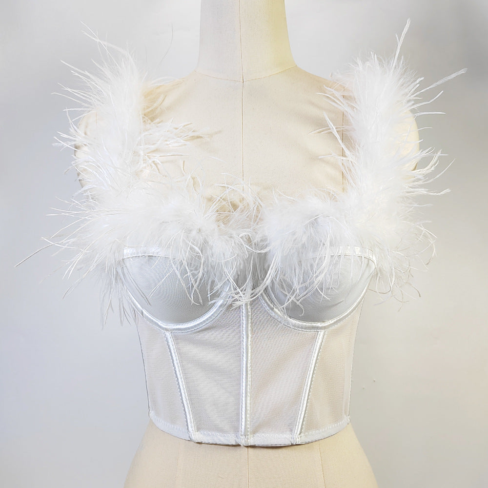 Live Broadcast High Grade Ostrich Fur Super Fairy Boning Corset Tube Top Shaping Drawstring Slim Fit Bare Back Feather Sling