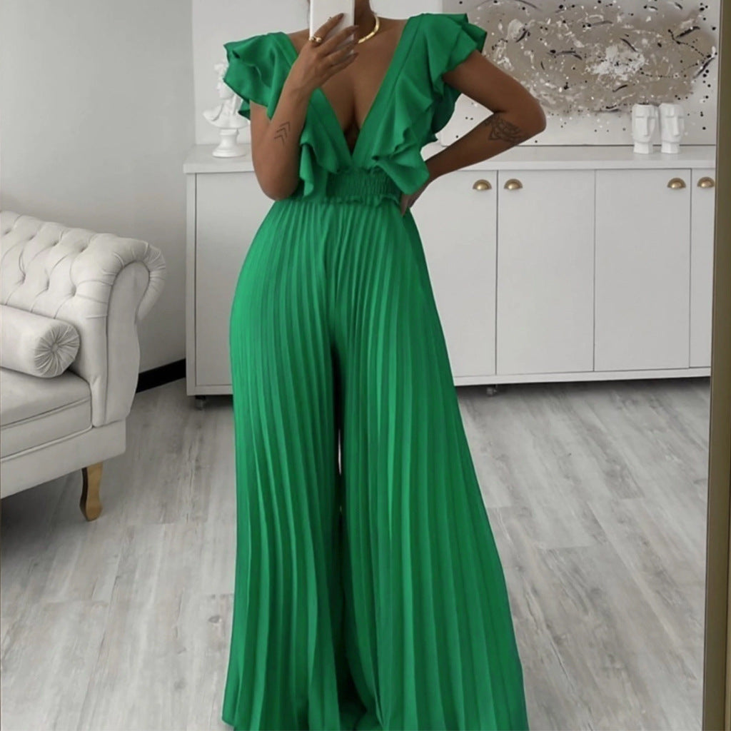 Women Clothing Deep V Plunge Neck High Waist Sexy Ruffled Pleated Wide Leg Jumpsuit