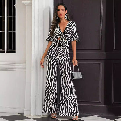 Women Clothing One Piece Trousers Zebra Pattern High Waist Hollow Out Cutout Out Lace Up Trousers Deep V Plunge Sexy Jumpsuit