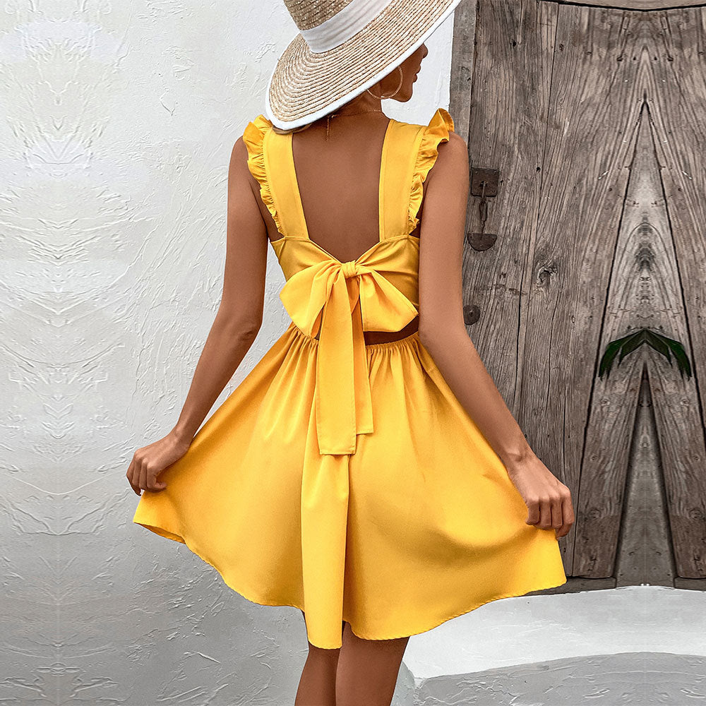 Summer Women Clothing Sexy Backless Waist Trimming Large Swing Sleeveless Beach Dress