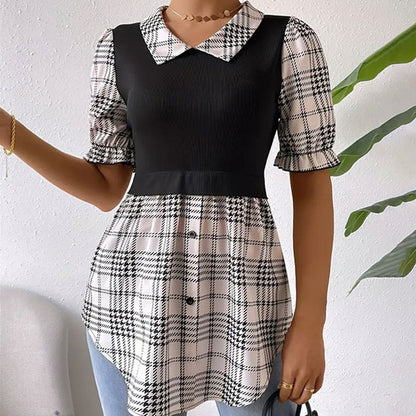 Women Clothing Faux Two Pieces Short Sleeve Puff Sleeve Color Contrast Patchwork Top Women Button Plaid Irregular Asymmetric Top Women